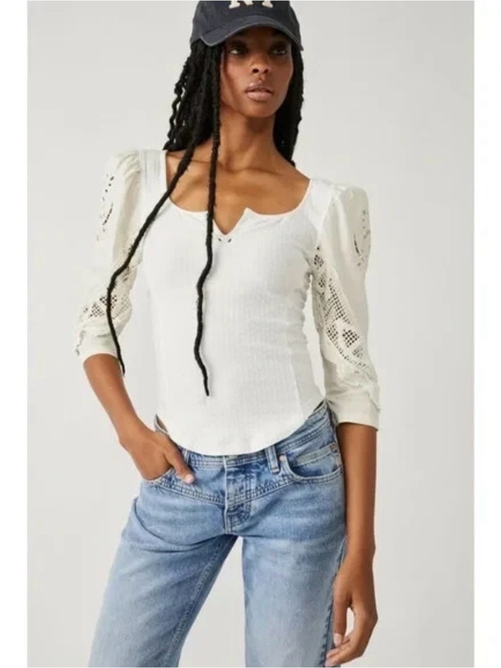 Free People Brunch Date Top Large Moon Glow Ivory Lace Puff Sleeve Boho Blouse